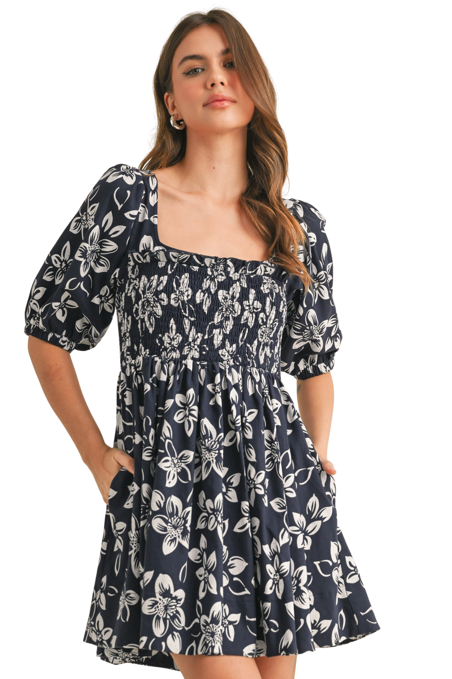 Floral Printed Puff Sleeve Open Back Mini Dress