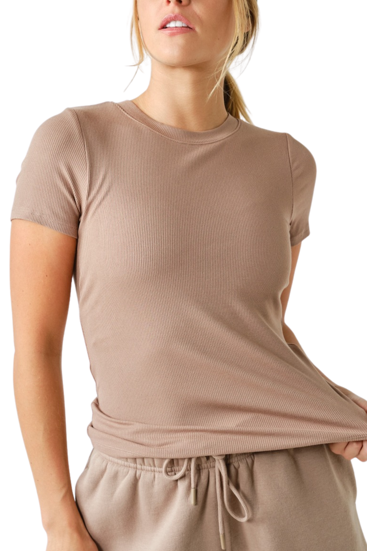 Micro Ribbed Crew Neck Tee with Built-In Bra