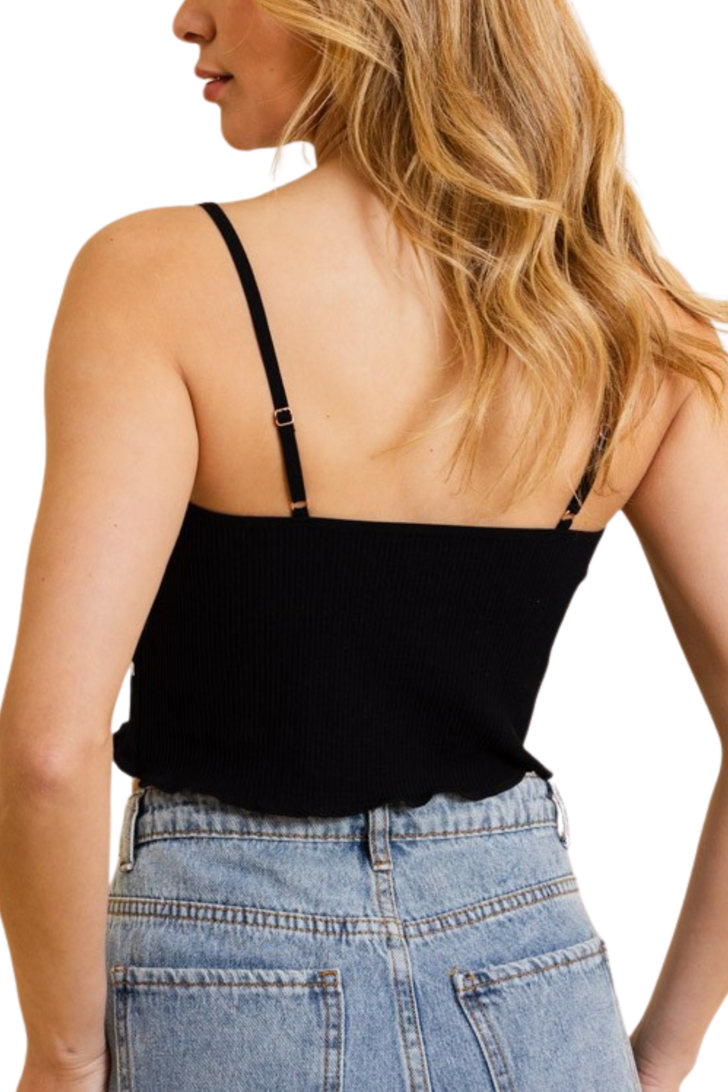Daisy Embroidered Ribbed Lettuce Edge Crop Top