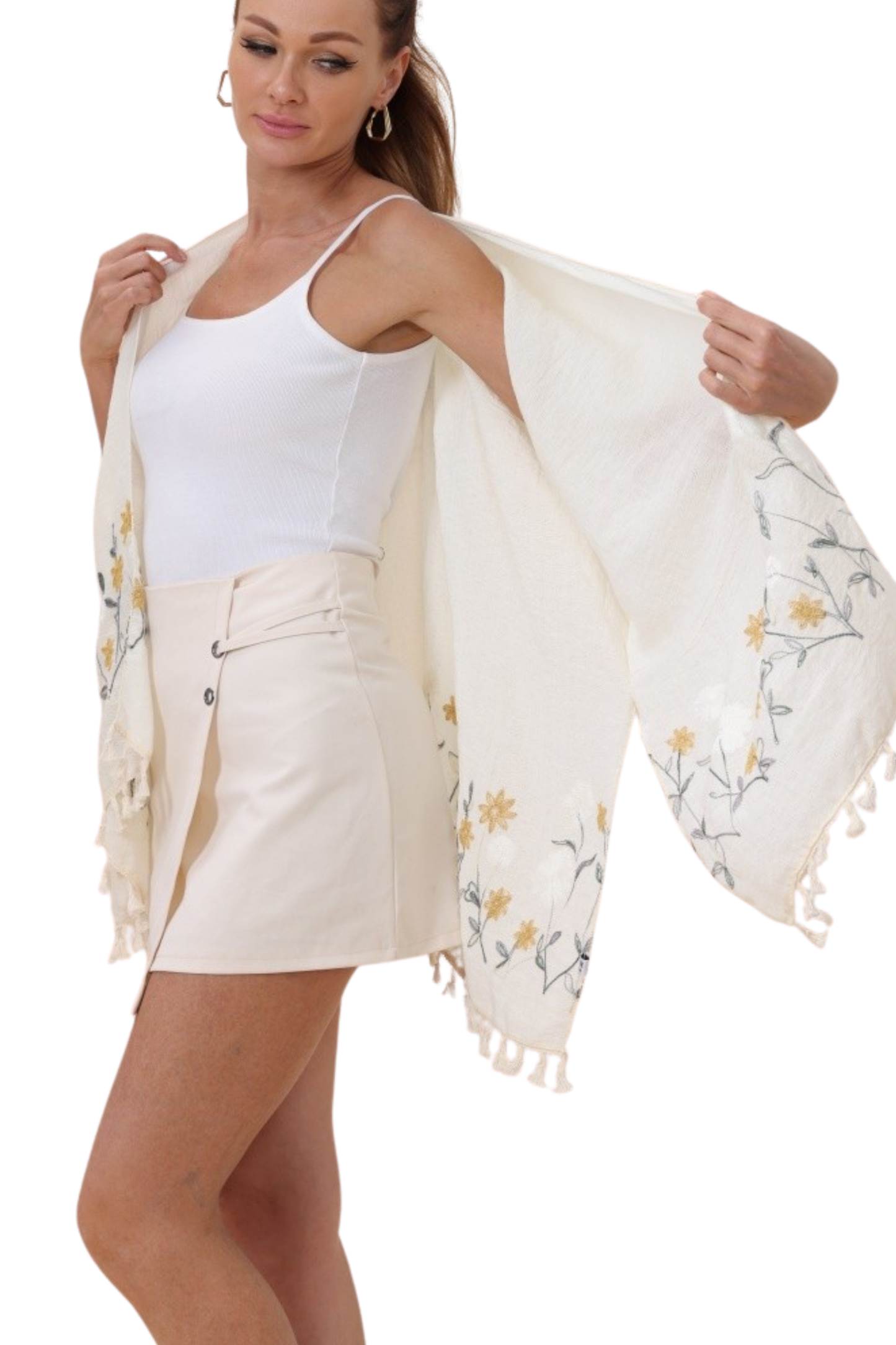 Floral Embroidered Tassel Hem Kimono