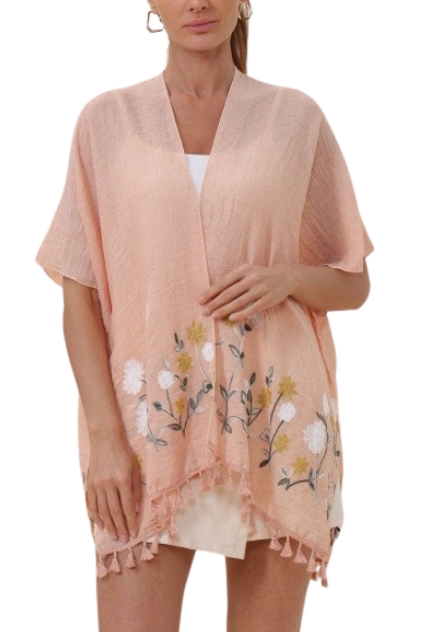 Floral Embroidered Tassel Hem Kimono