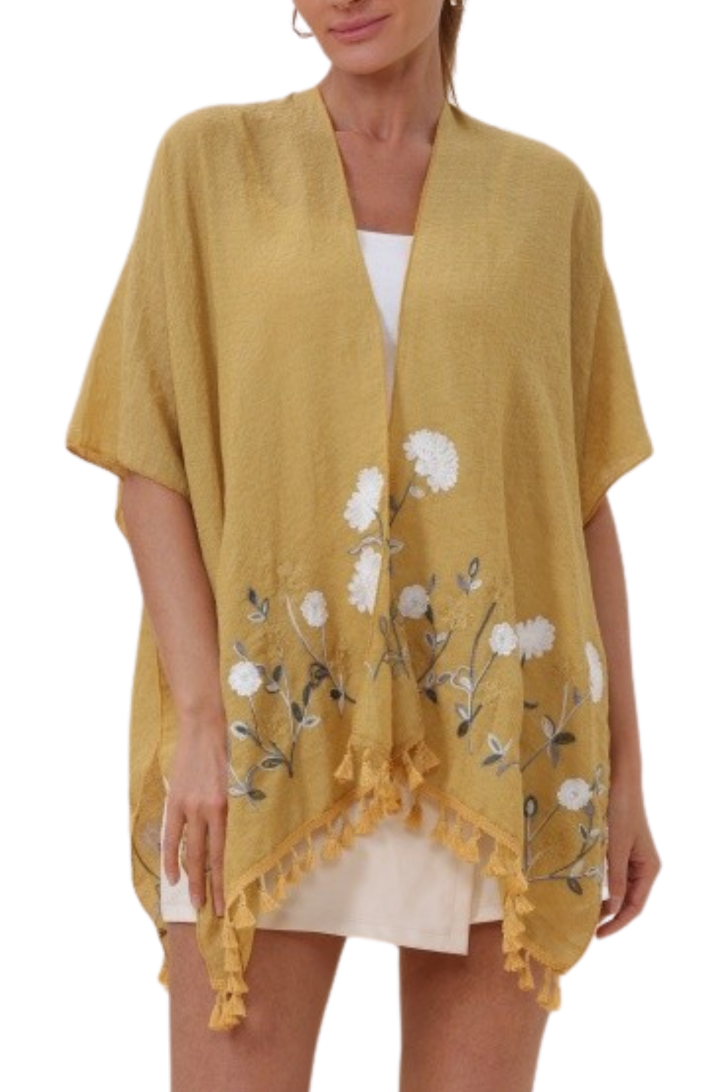 Floral Embroidered Tassel Hem Kimono