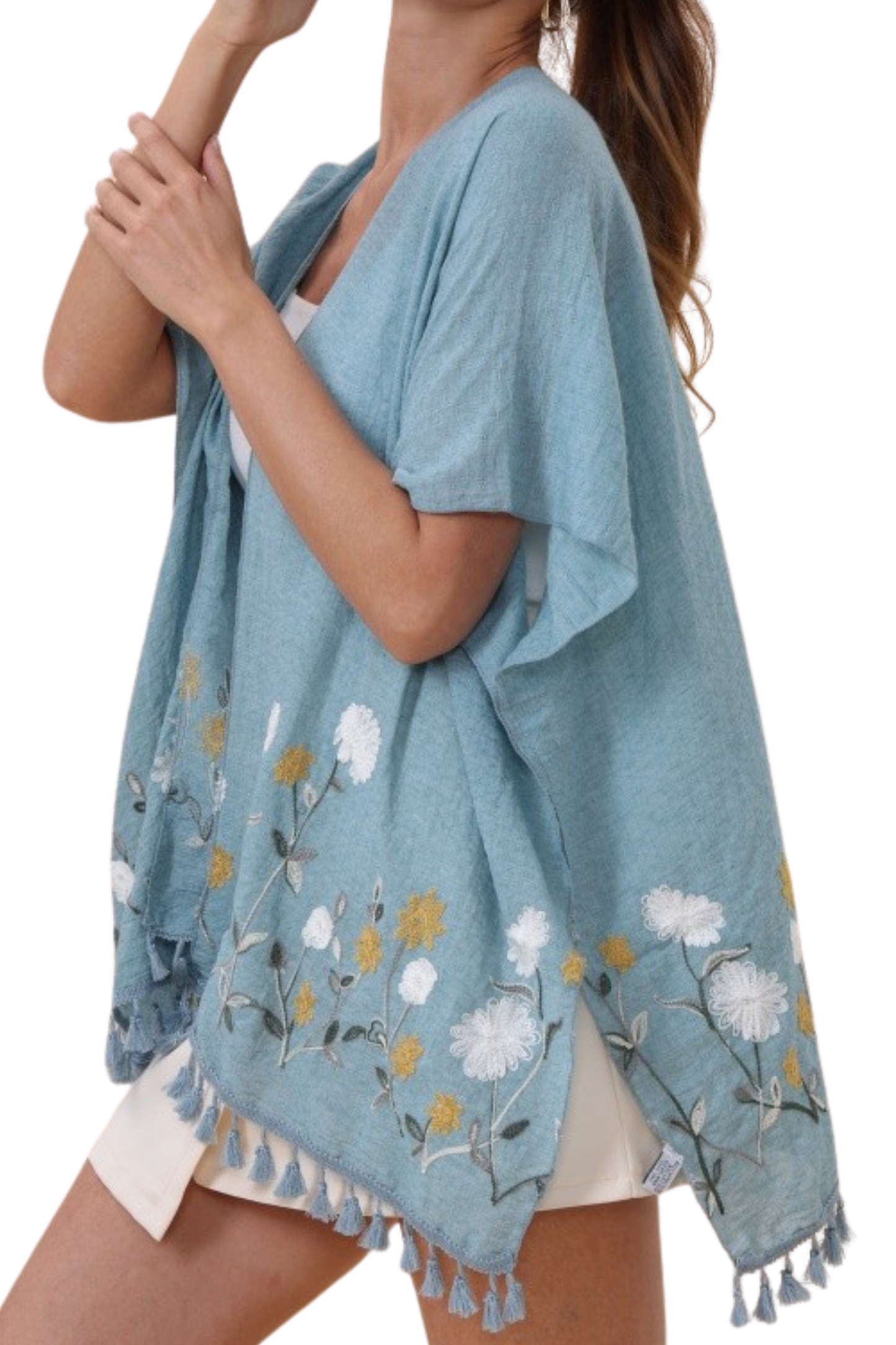 Floral Embroidered Tassel Hem Kimono