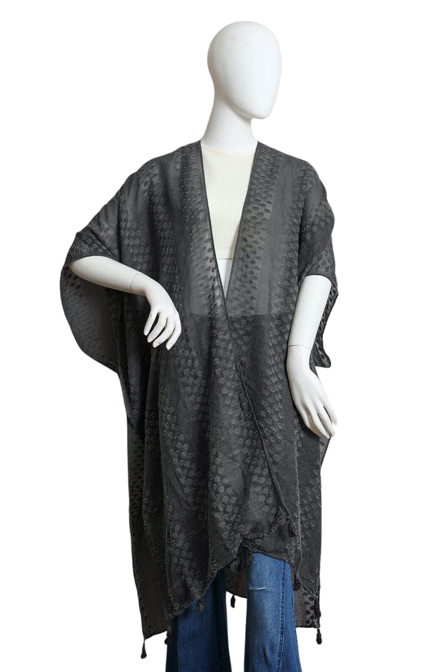 Pom Trimmed Jacquard Lightweight Open Kimono