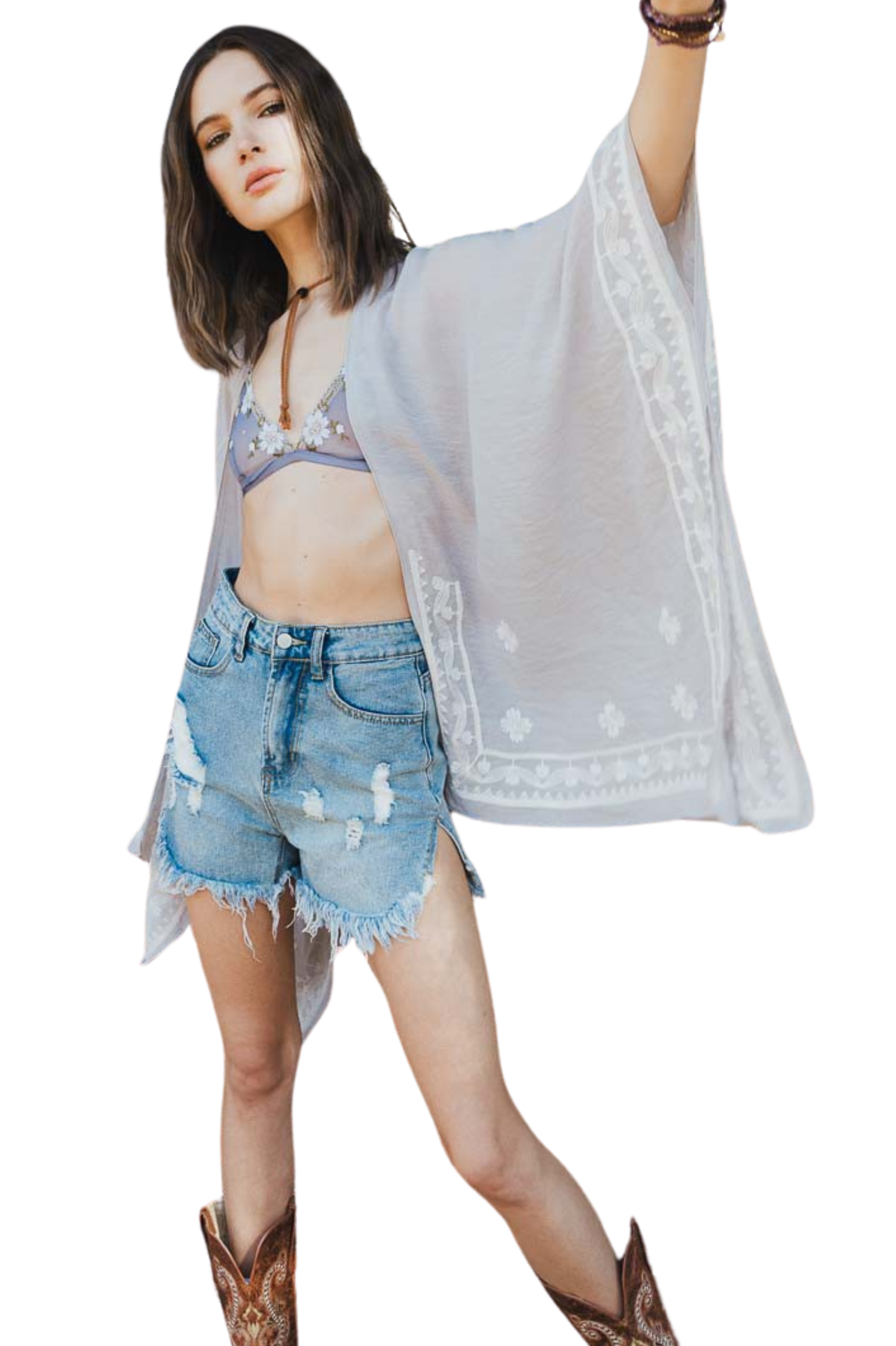 Floral Border Embroidered Kimono