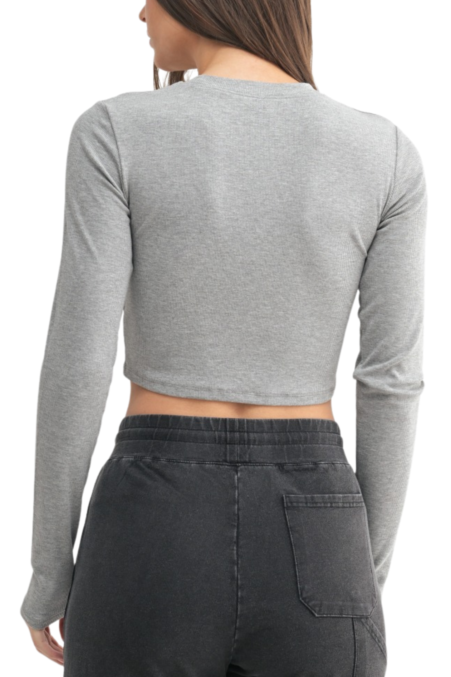 Micro Ribbed Crew Neck Cropped Long Sleeve Tee