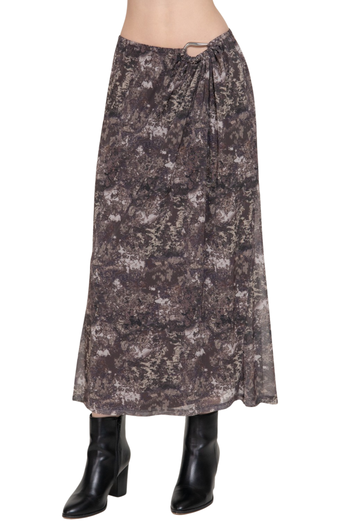Printed Mesh Flowy Midi Skirt with Silver Hardware