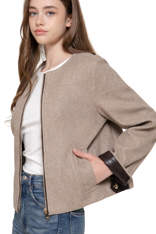 Collarless Felt Zip Up Jacket with Faux Leather Cuffs