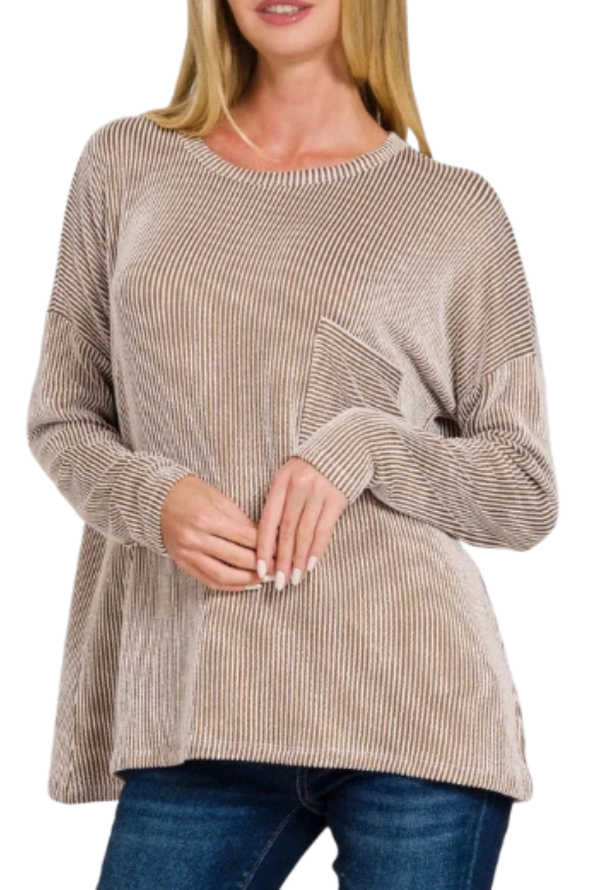 Ribbed Crew Neck Long Sleeve Shirt with Slouchy Front Pocket