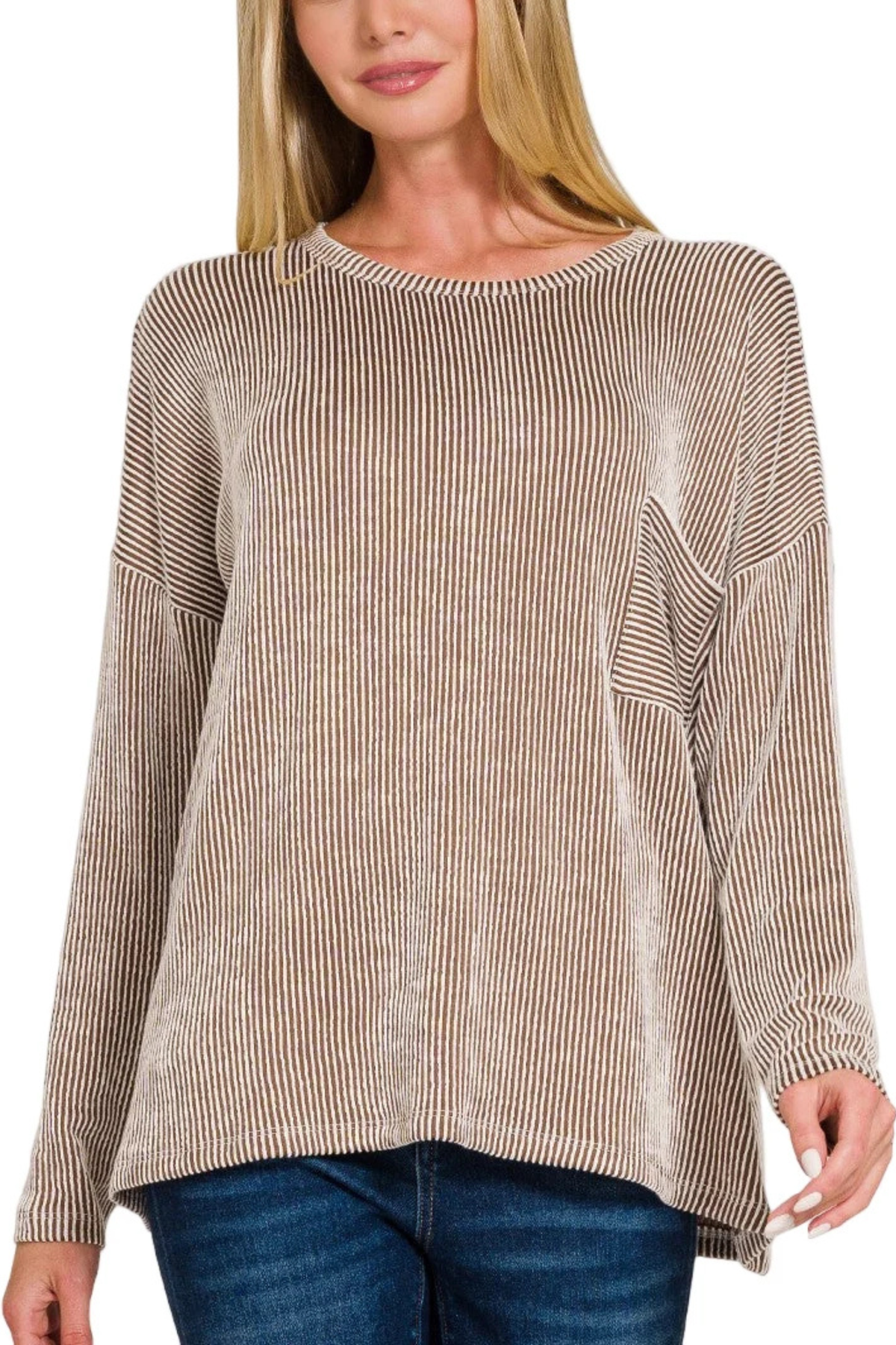 Ribbed Crew Neck Long Sleeve Shirt with Slouchy Front Pocket