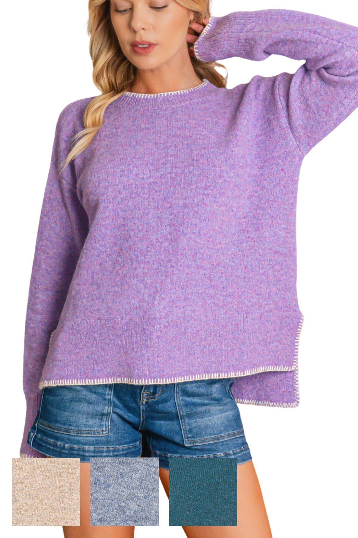 Contrast Stitch Knit High Low Sweater