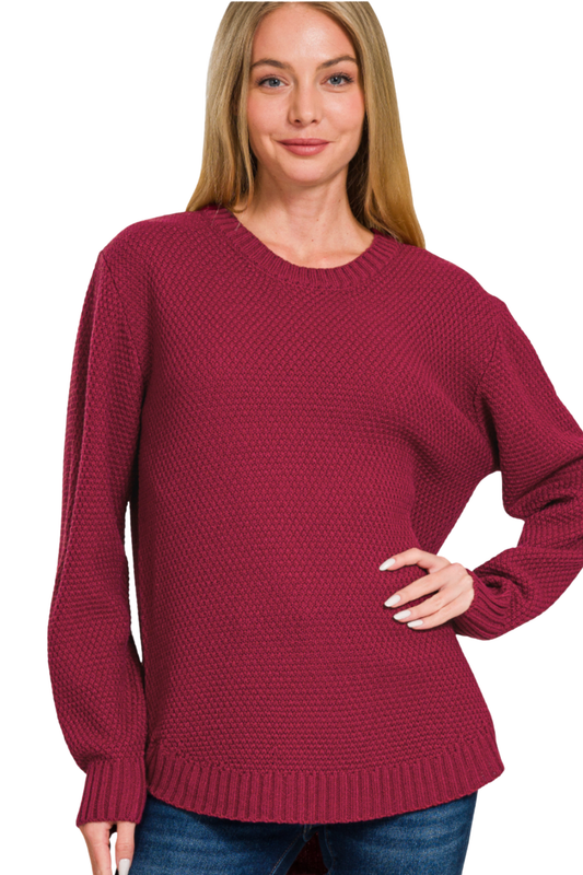 Knit Crew Neck Sweater with Curved Hem