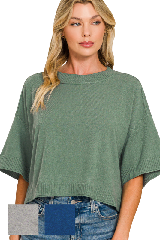 Mock Neck Short Sleeve Boxy Lightweight Sweater