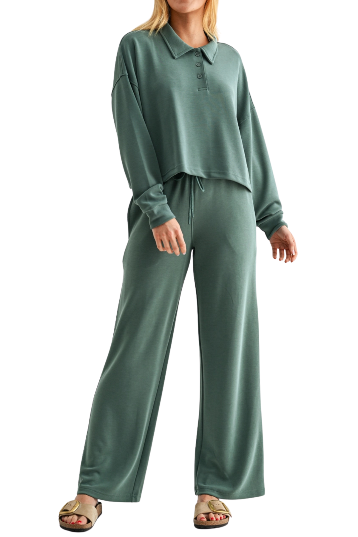Relaxed Collared Long Sleeve and Sweat Pants Lounge Set