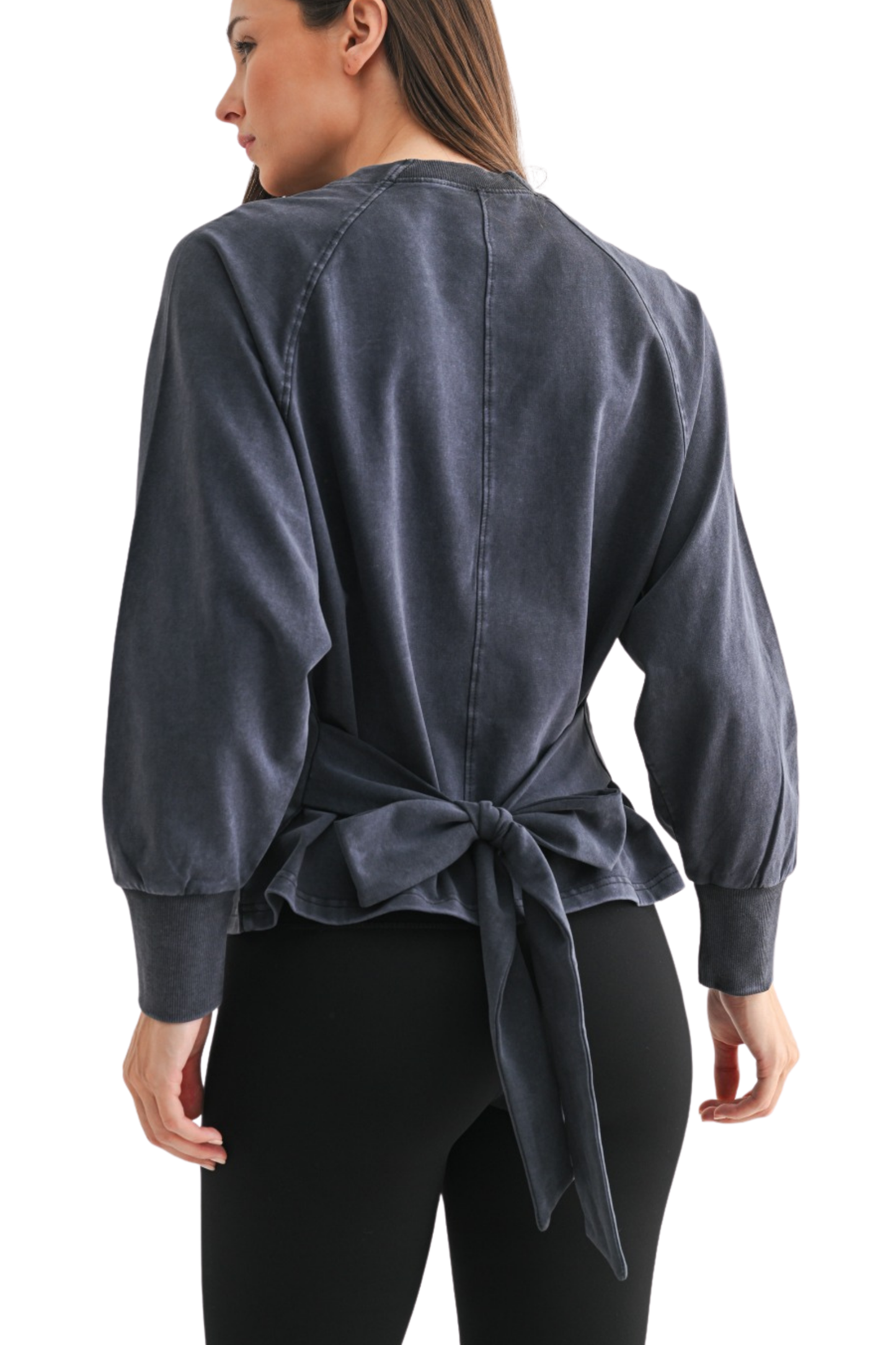 Mineral Washed Relaxed Long Sleeve Top with Tie Back