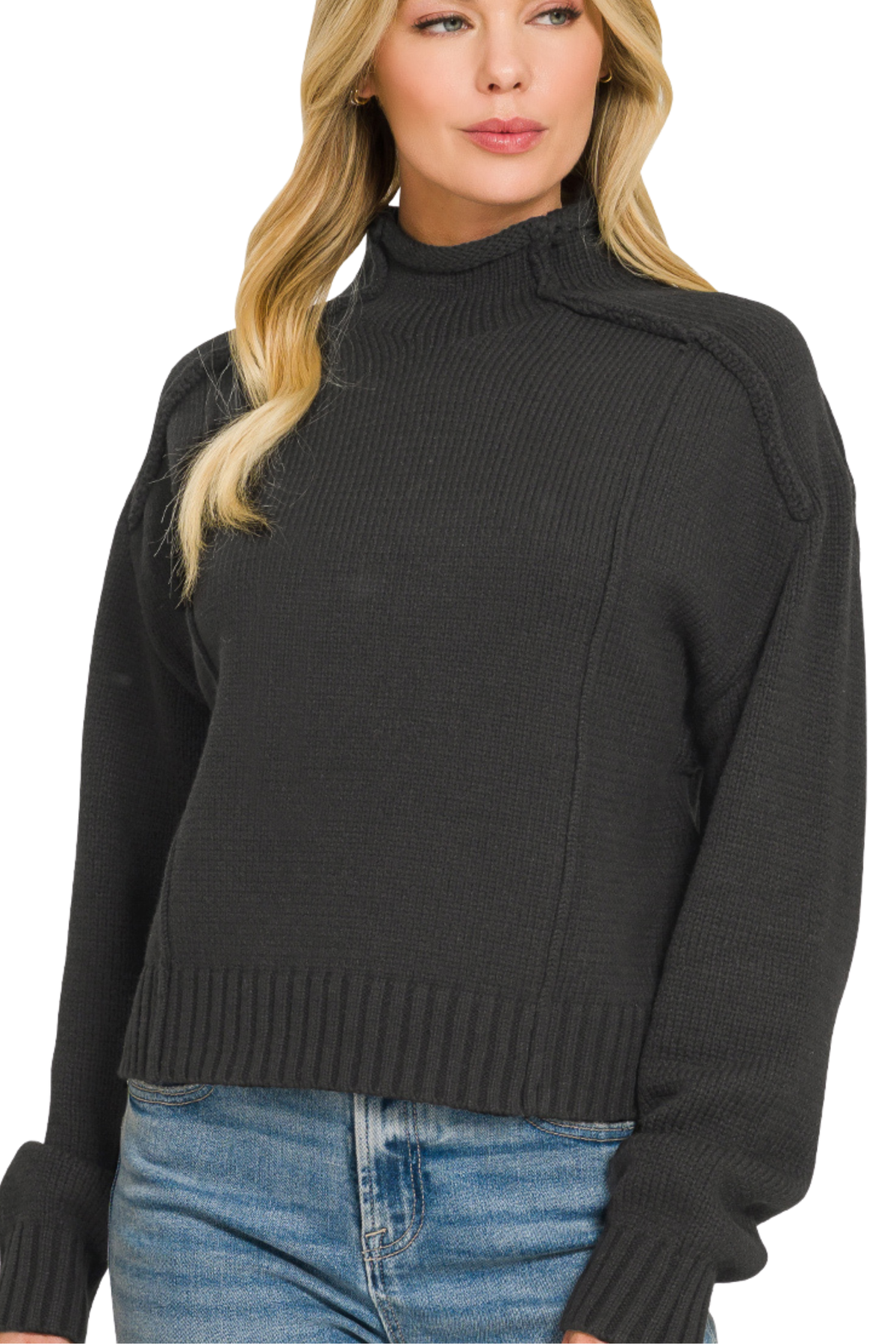 Mock Neck Exposed Seam Sweater