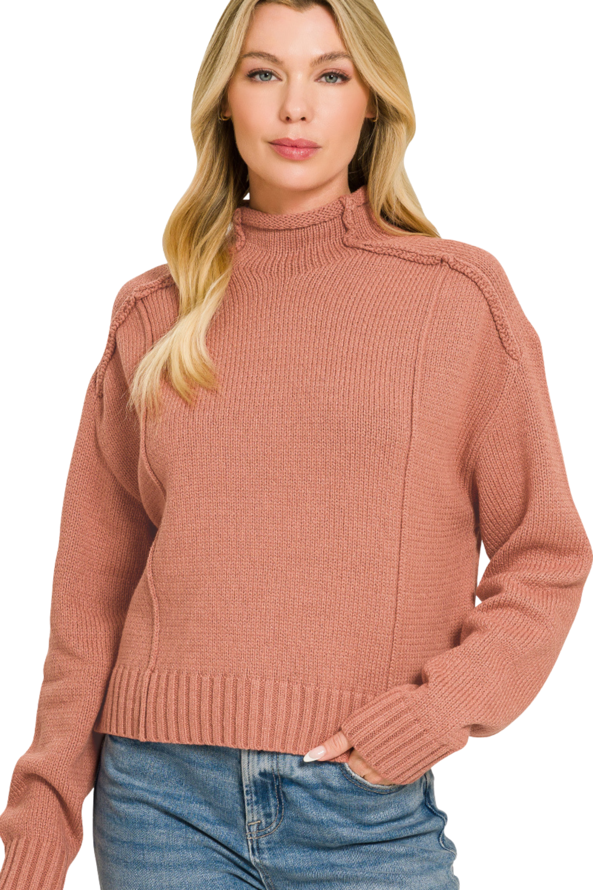 Mock Neck Exposed Seam Sweater