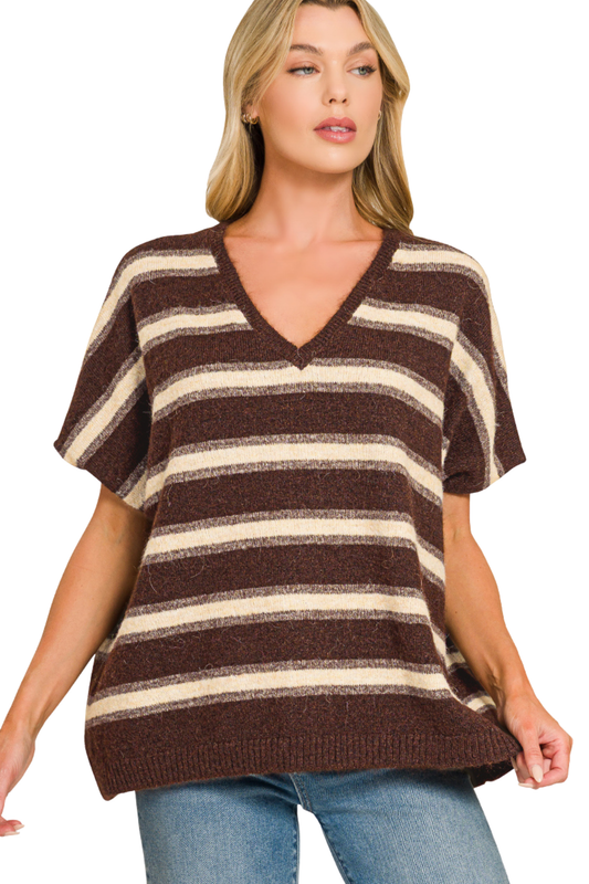 Oversized Knit Striped V Neck Sweater
