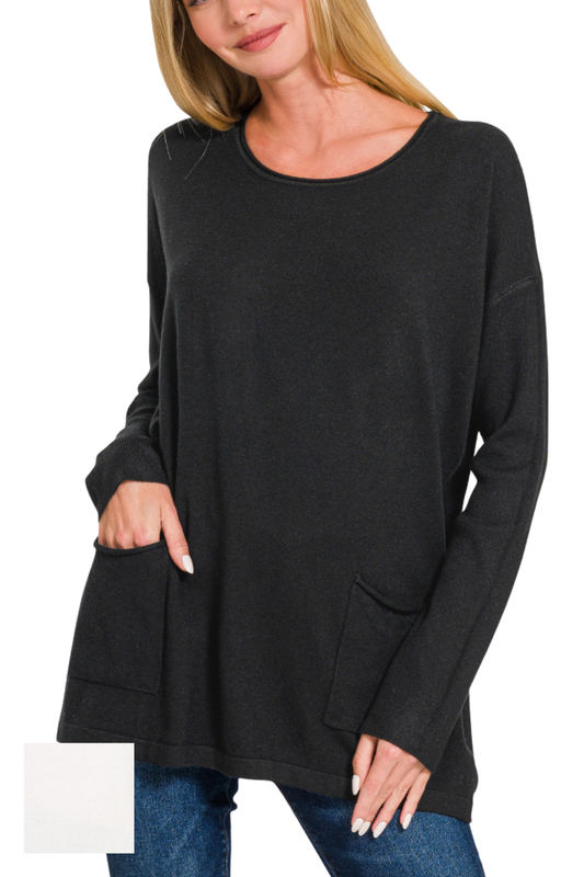 Rolled Crew Neck Sweater with Front Pockets