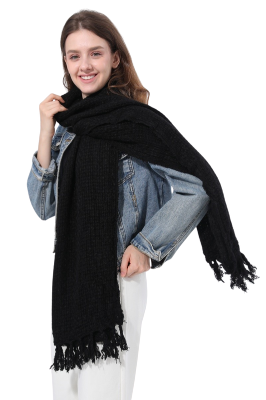 Basketweave Knit Oversized Scarf with Tassels