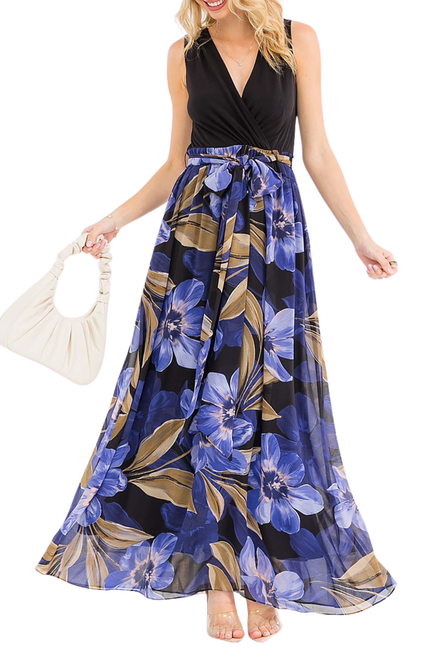 Sleeveless Surplice Self Tie Floral Maxi Dress