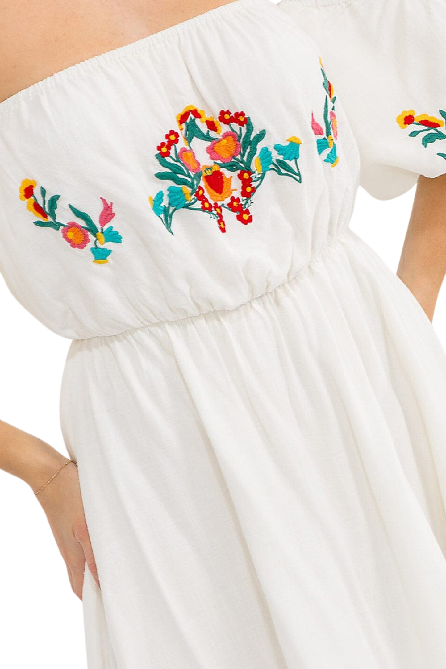 Floral Embroidery Detail Off Shoulder Elastic Waist Dress
