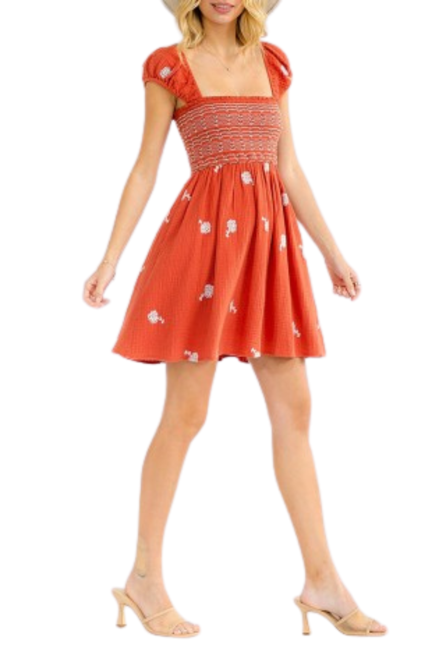 Short Sleeve Square Neck Smock Embroidery Mini Dress