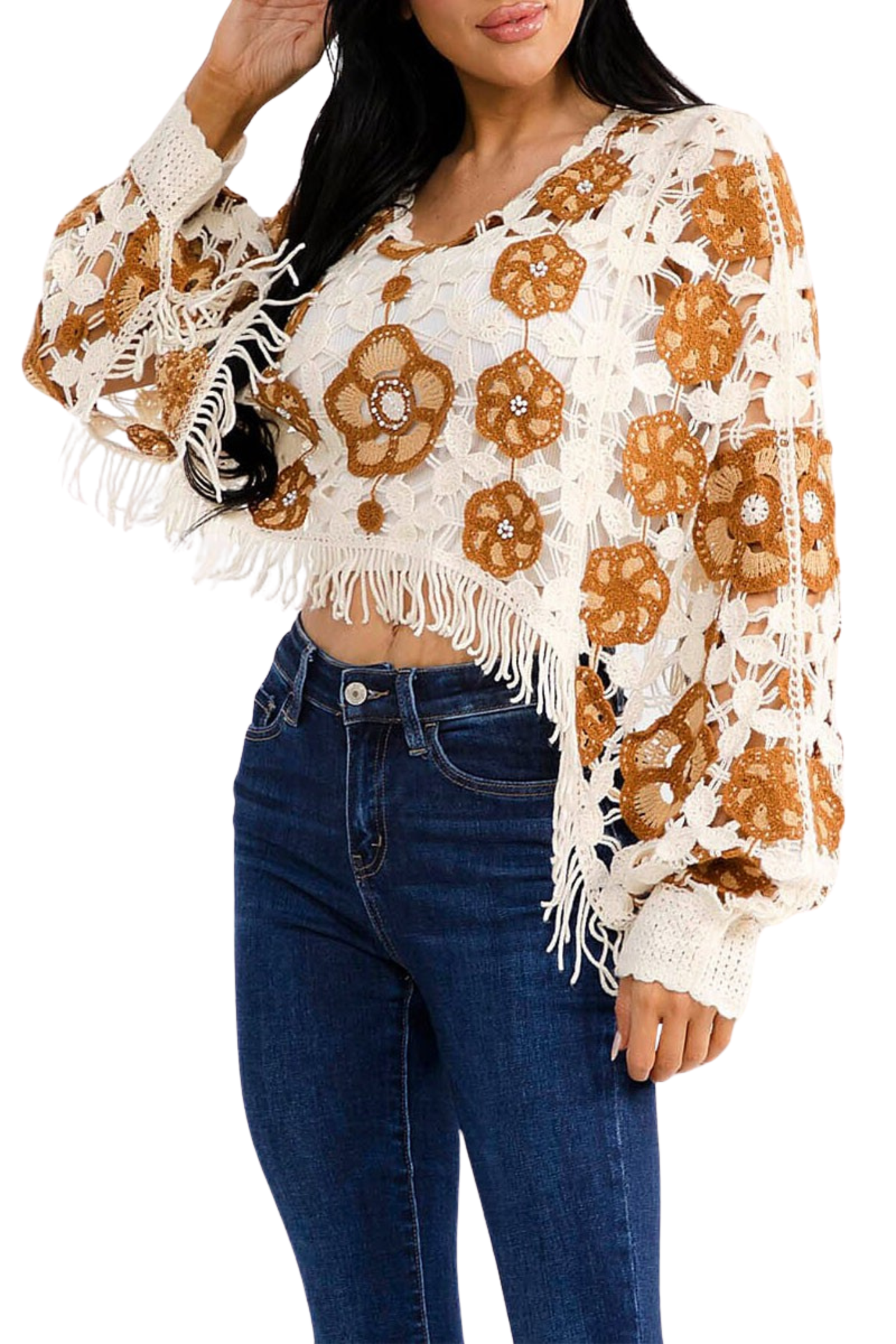 Long Sleeve Floral Crochet Top