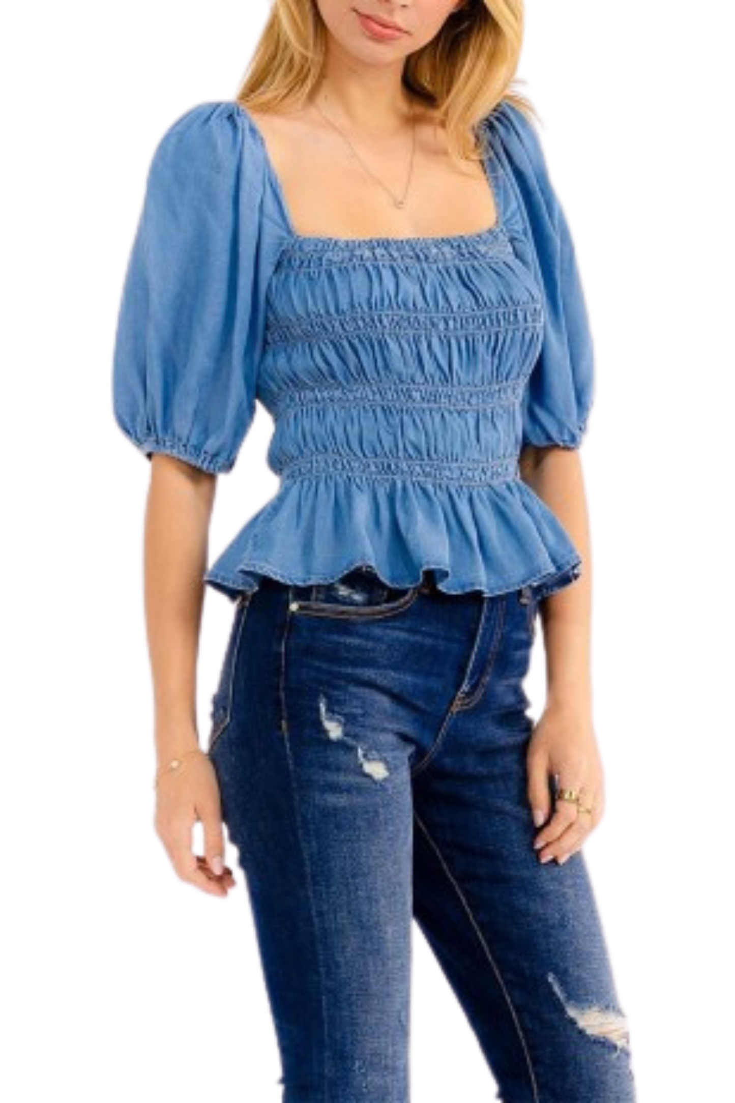 Puff Sleeve Square Neck Smock Peplum Chambray Blouse