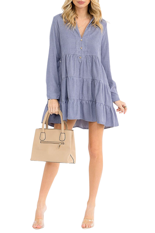 V-neck Button Up Tiered Tunic Corduroy Mini Dress
