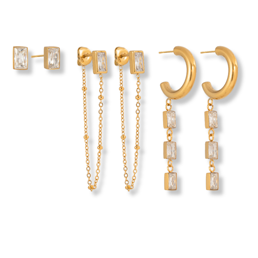 Sestra by Intro Stainless Steel Rectangular CZ Hoops Earring Stack Set