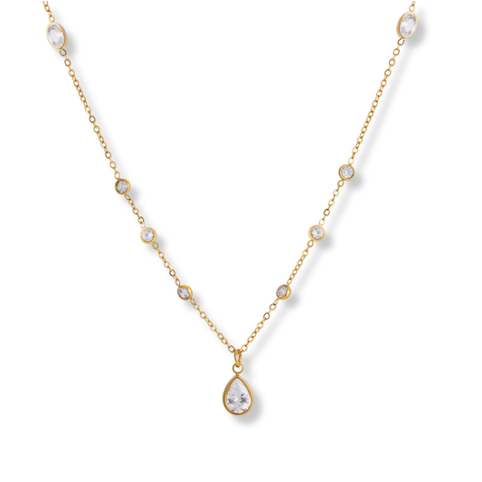 Sestra by Intro Stainless Steel Teardrop CZ Necklace with Oval and Circle Station CZs