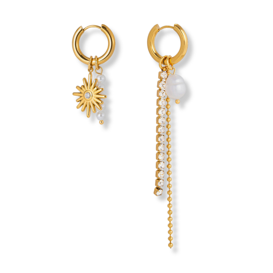 Sestra by Intro Stainless Steel Asymmetric Dangle Hoop Earrings with CZ and Pearls