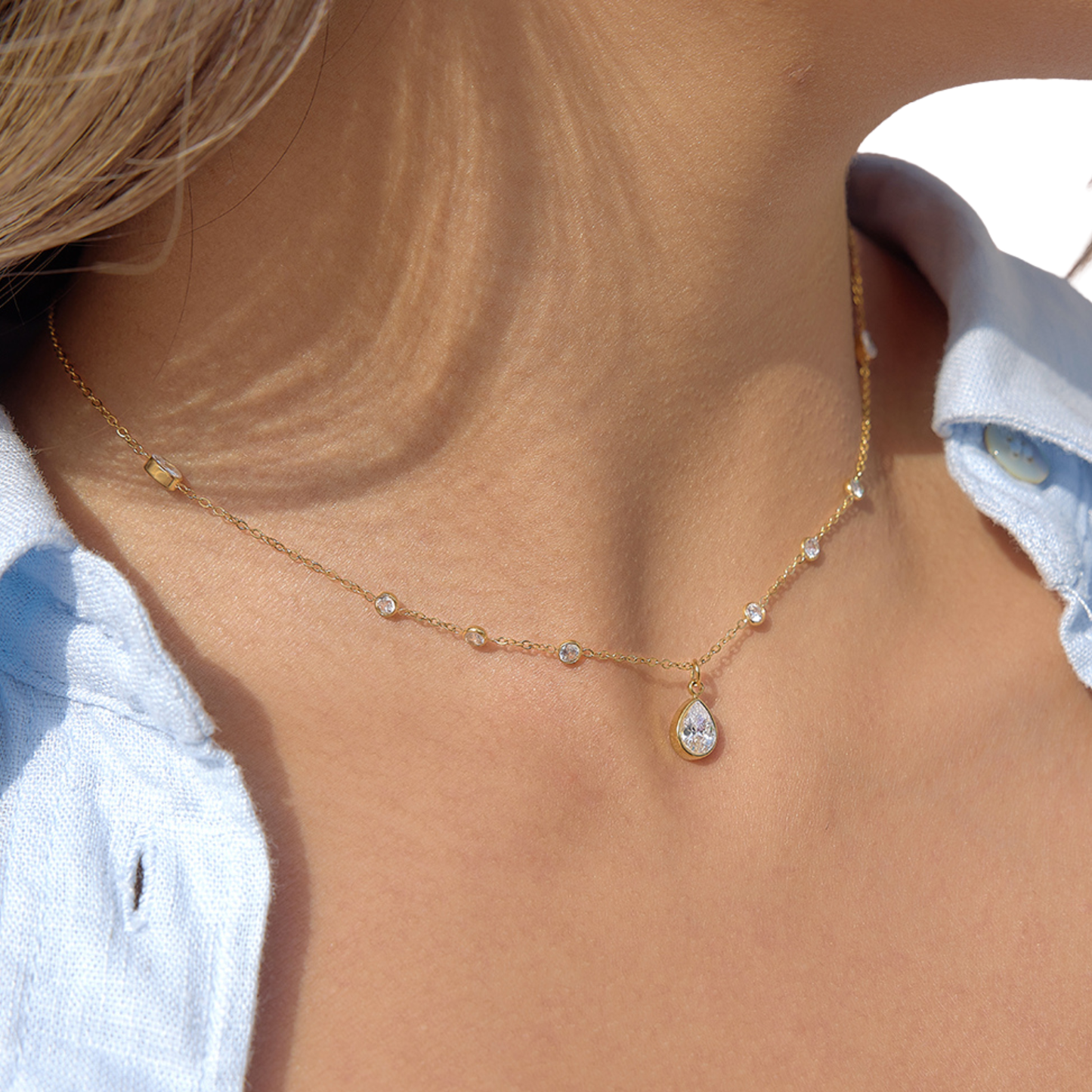Sestra by Intro Stainless Steel Teardrop CZ Necklace with Oval and Circle Station CZs