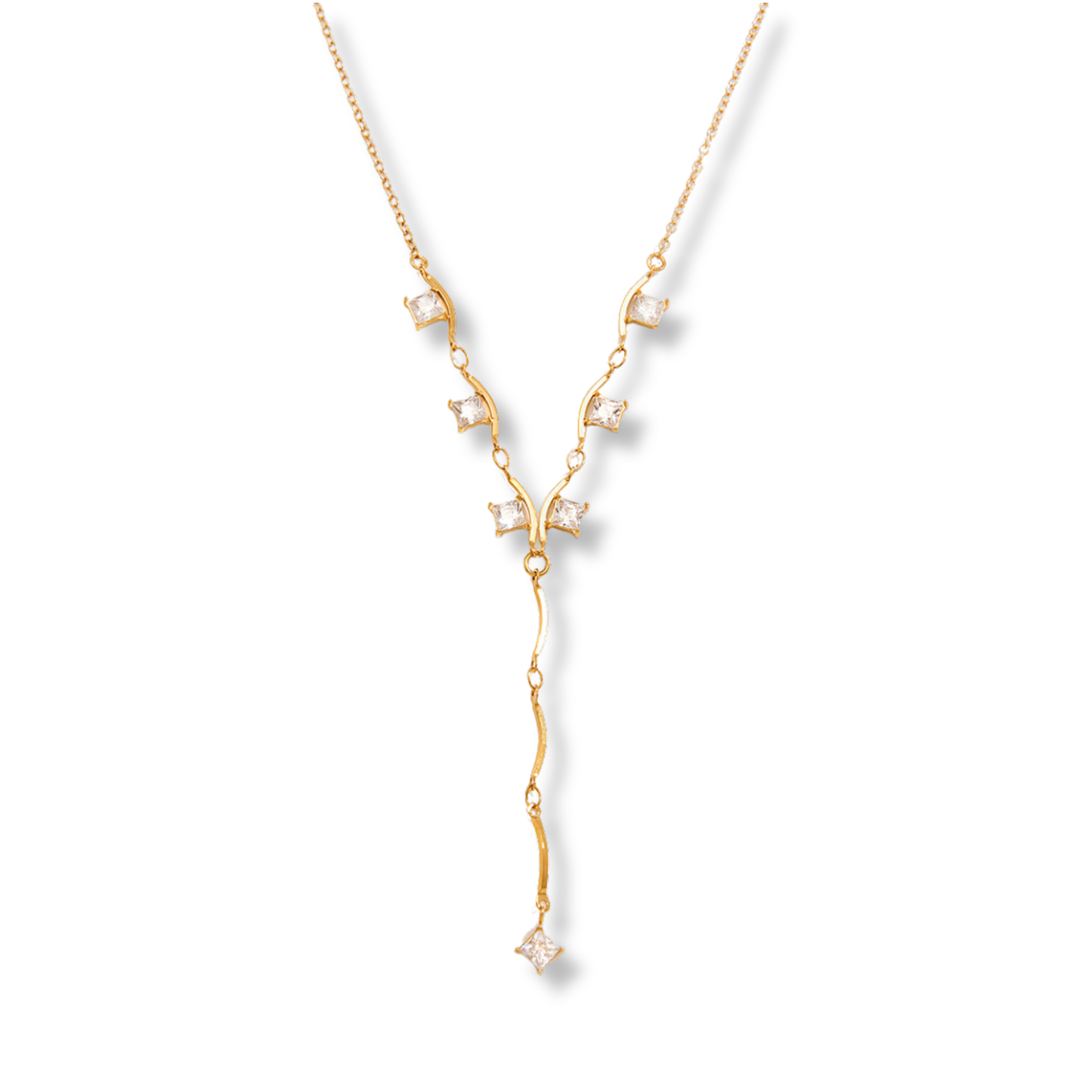 Sestra by Intro Stainless Steel Y Chain Necklace with Wavy Bars and Square CZs
