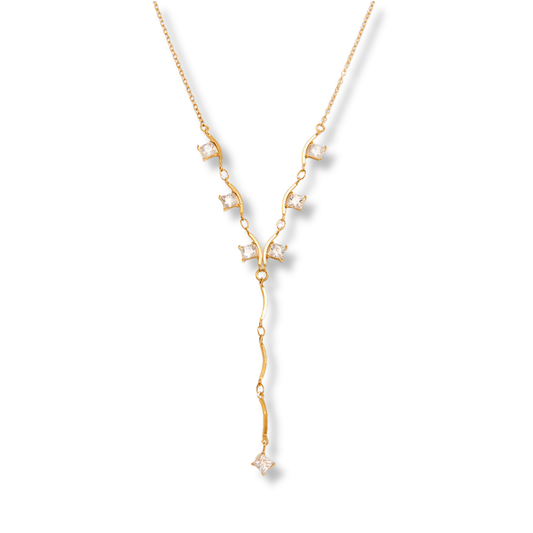 Sestra by Intro Stainless Steel Y Chain Necklace with Wavy Bars and Square CZs