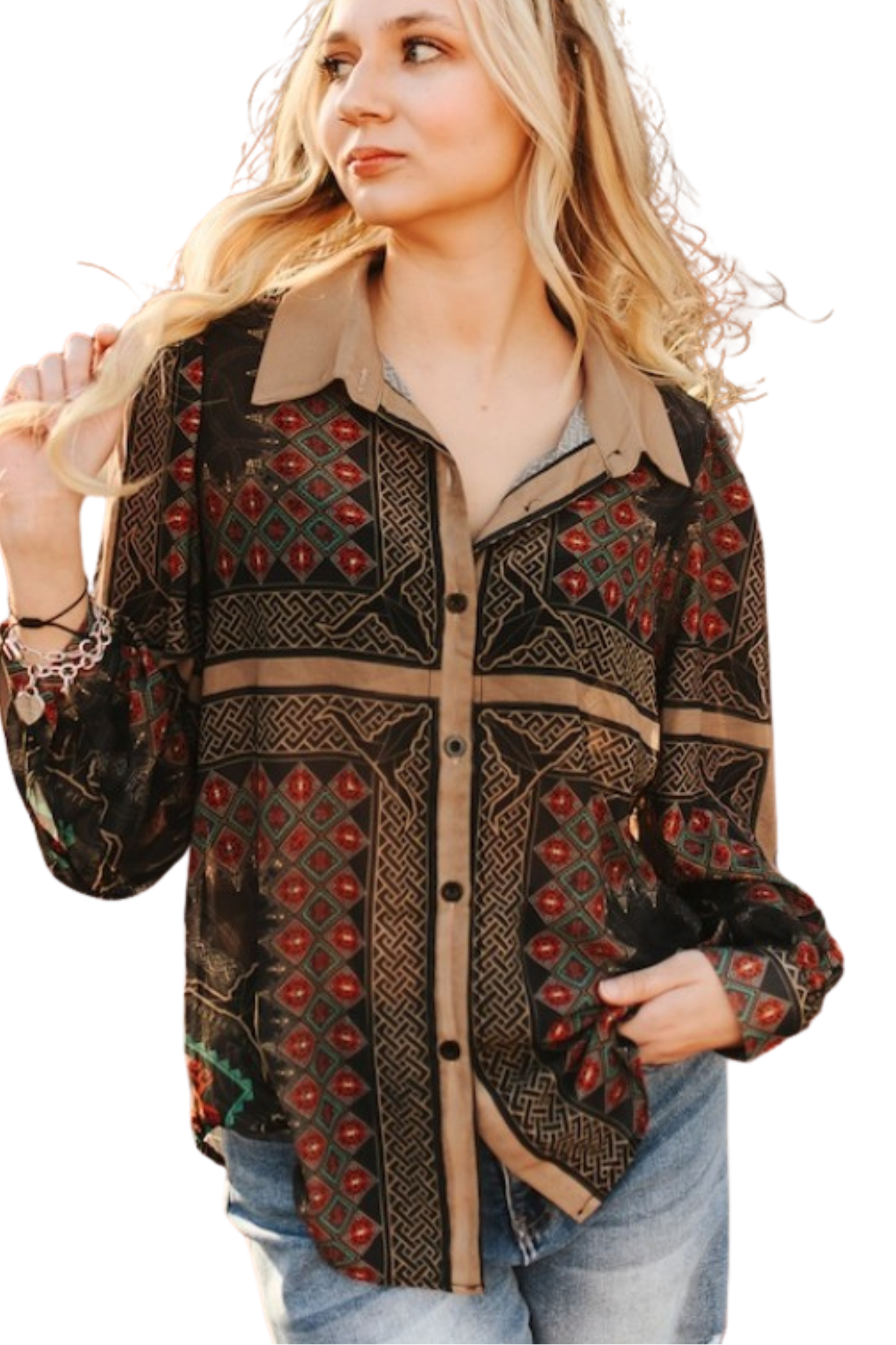 Aztec and Western Patterned Button Up Collared Shirt