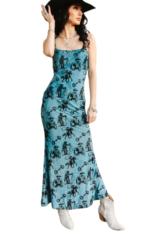 Rodeo & Lasso Print Fitted Maxi Dress