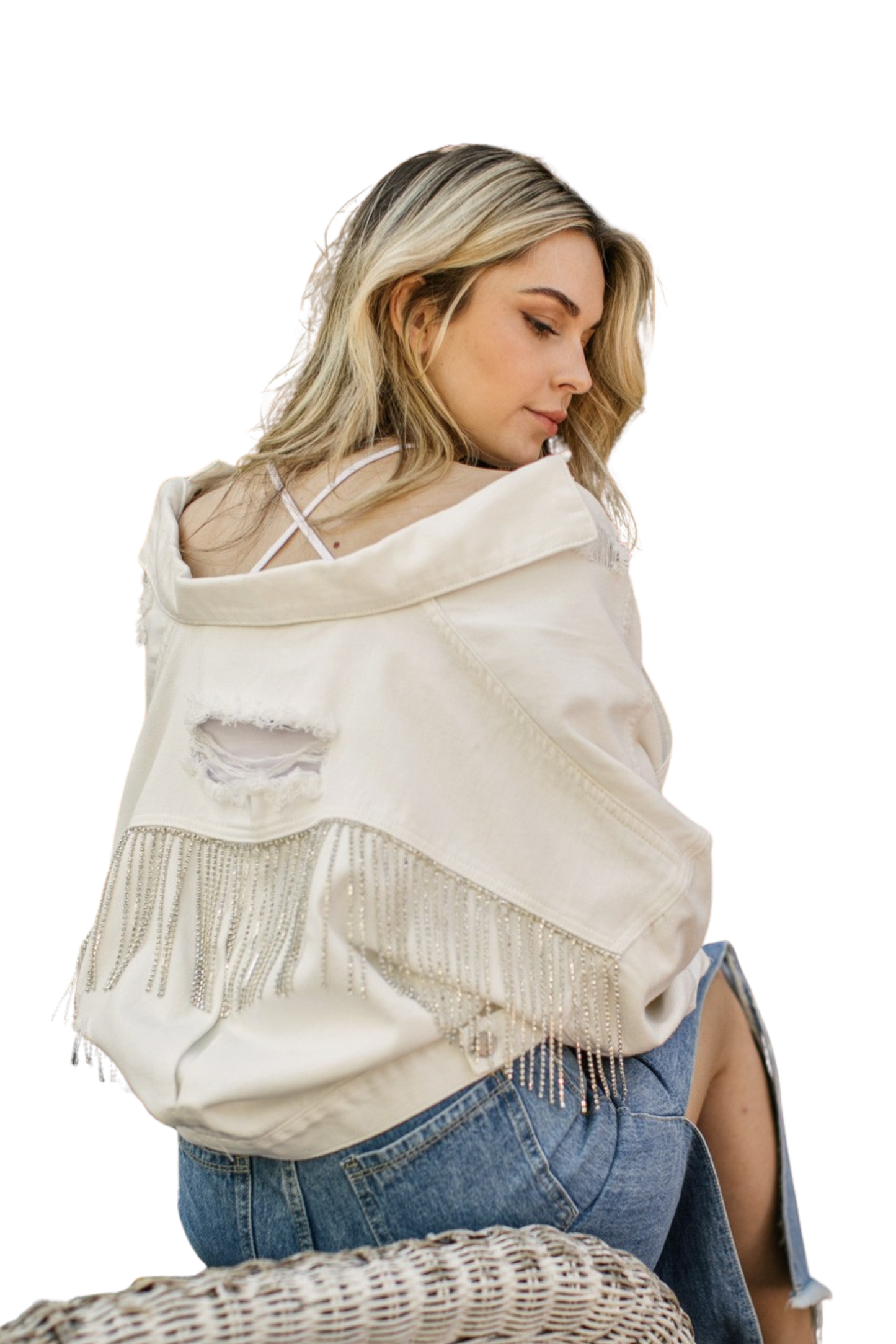 Rhinestone Fringed & Distressed Denim Jacket