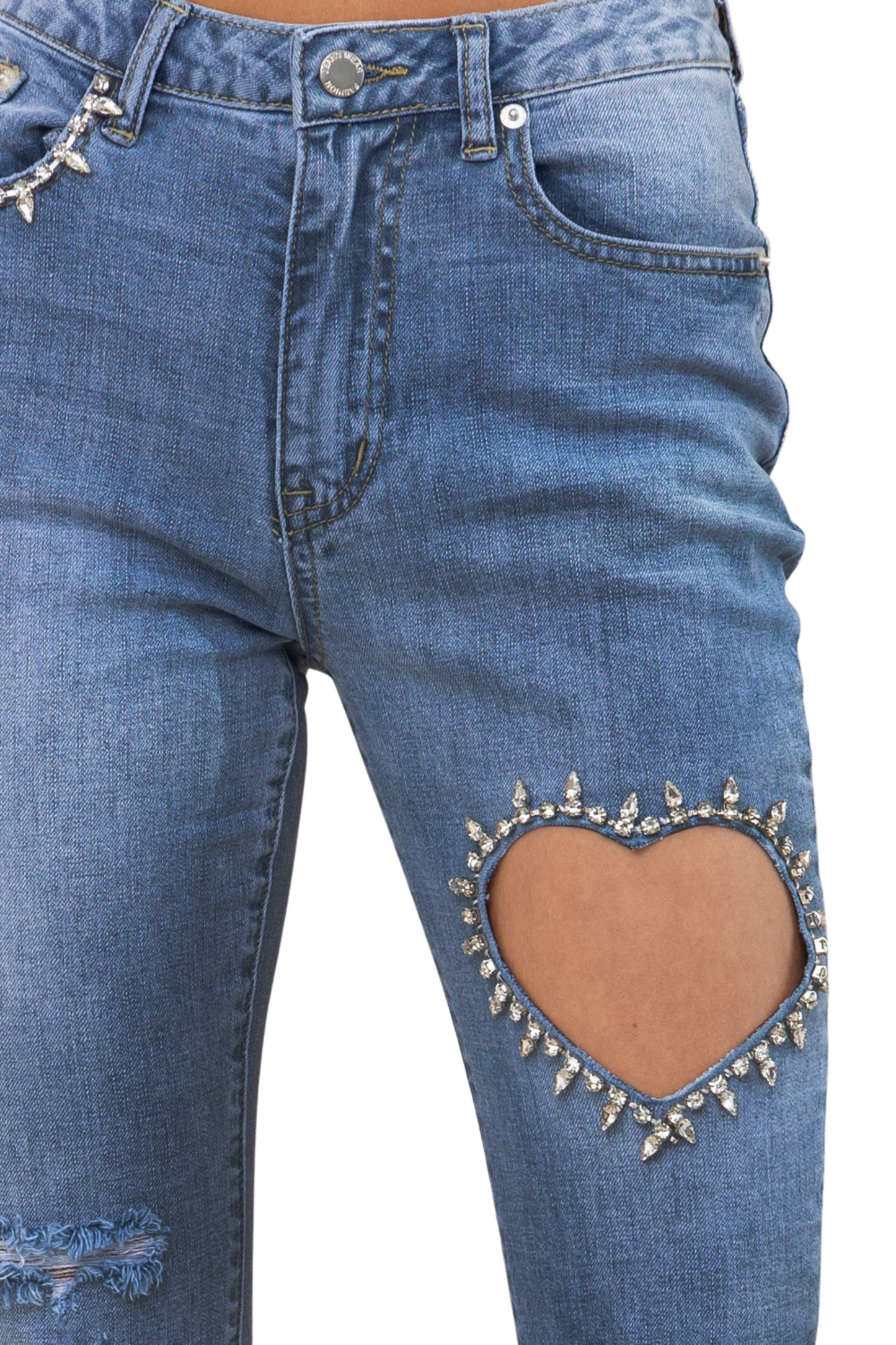 Cut Out Heart Studded Cropped Denim Jeans