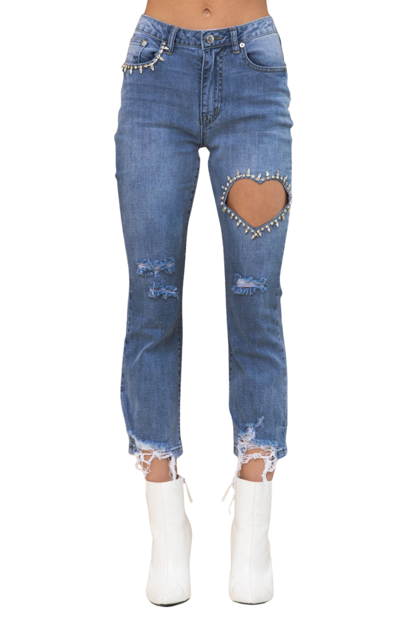 Cut Out Heart Studded Cropped Denim Jeans