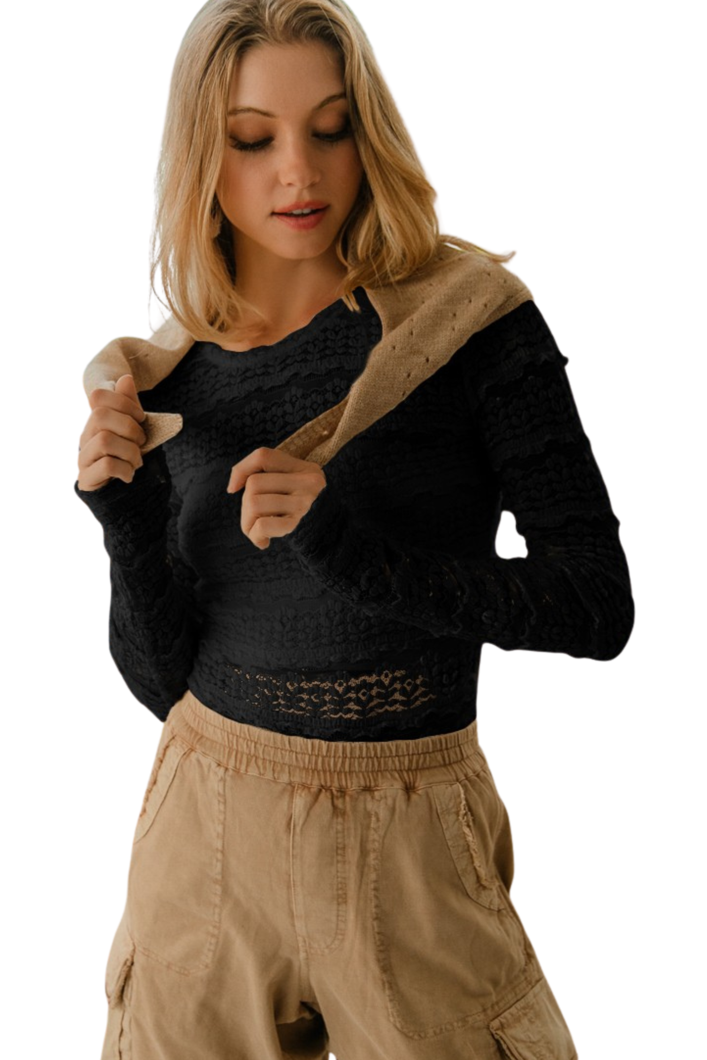 Ruffle & Mesh Stripes Long Sleeve Top