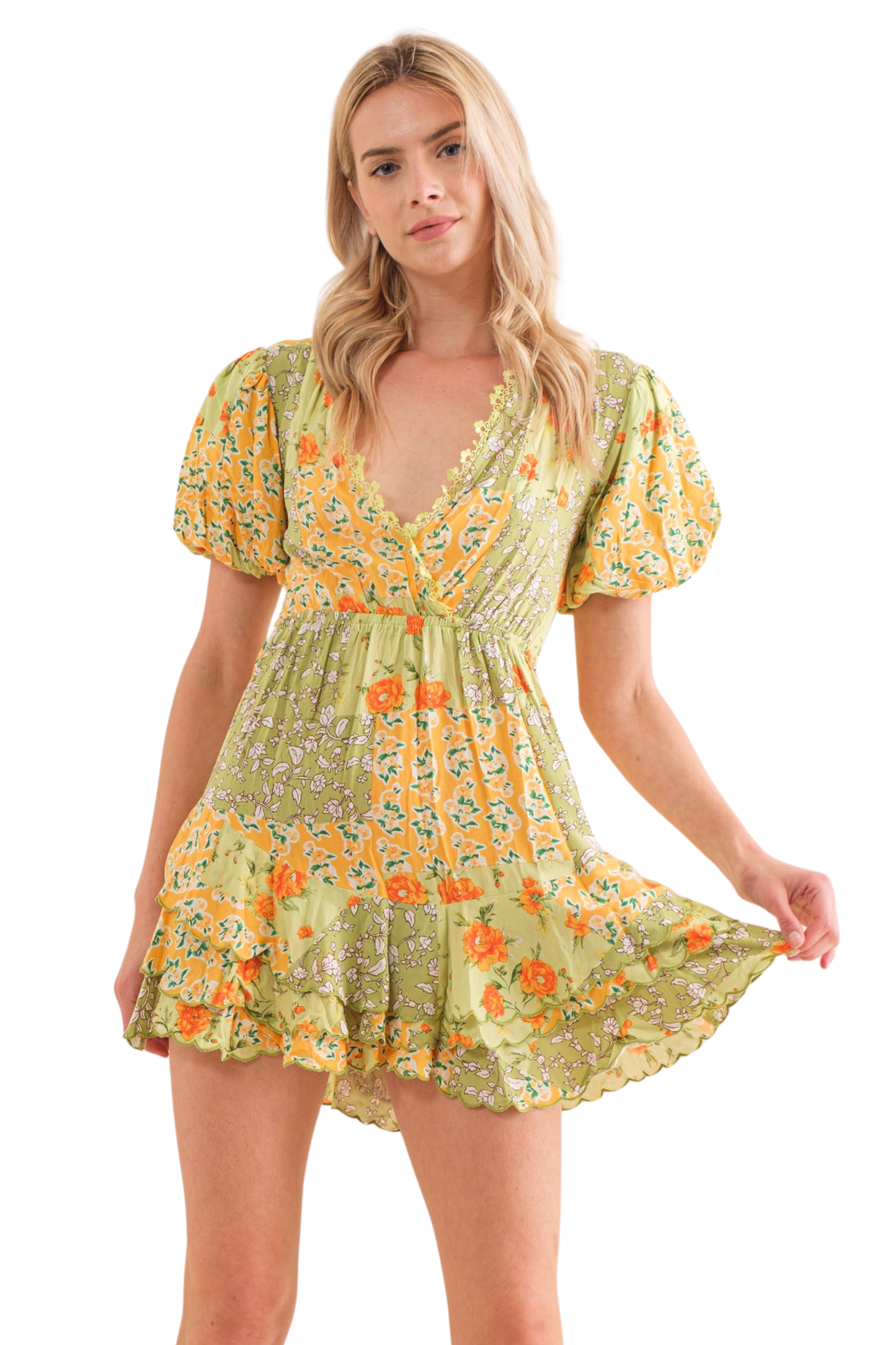 Scalloped & Tiered Mini Dress with Puff Sleeves