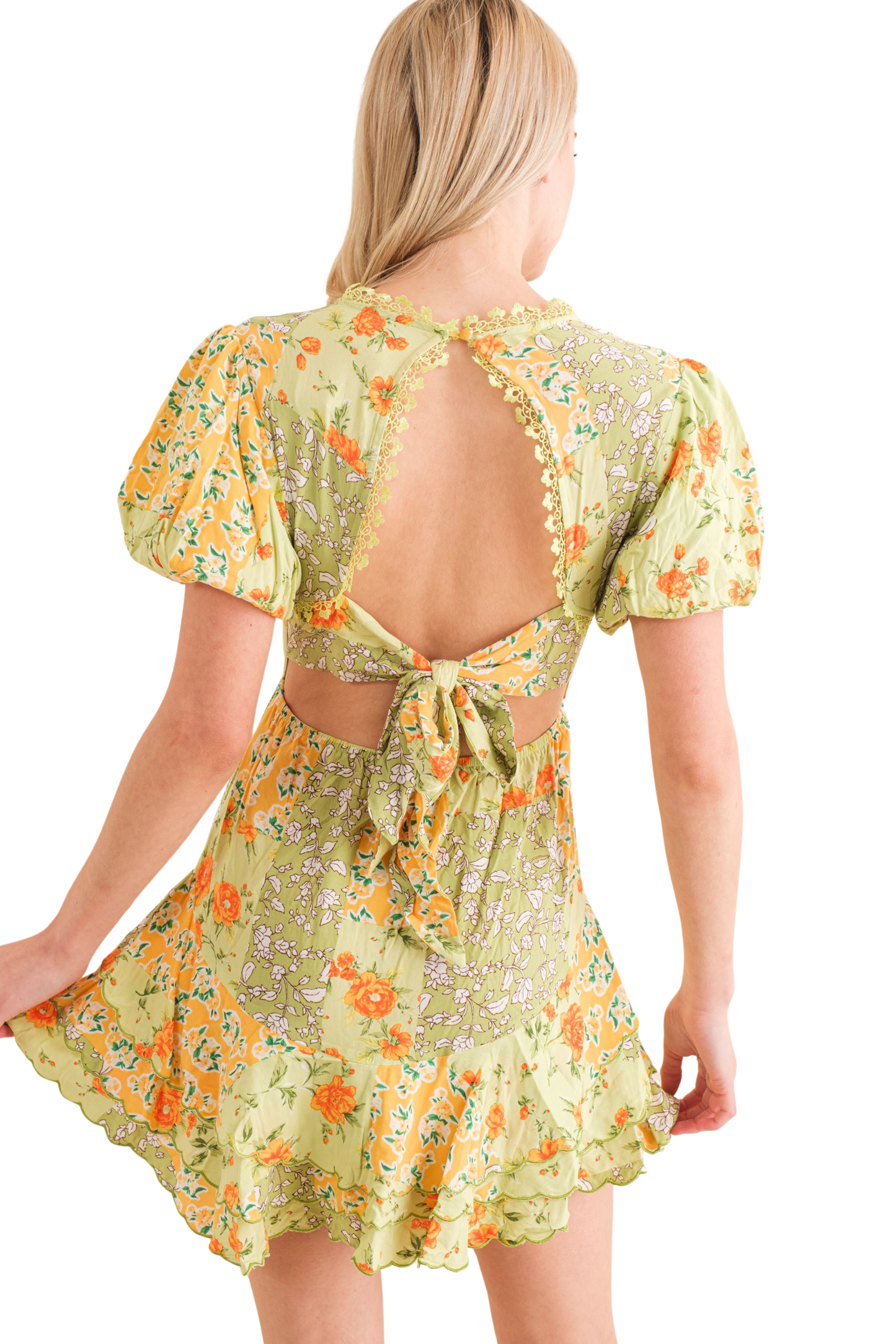 Scalloped & Tiered Mini Dress with Puff Sleeves