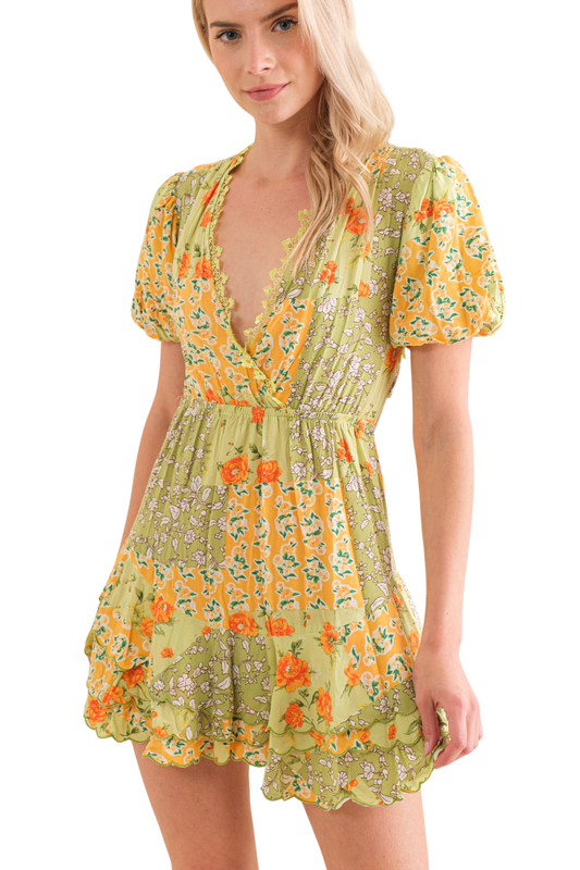 Scalloped & Tiered Mini Dress with Puff Sleeves