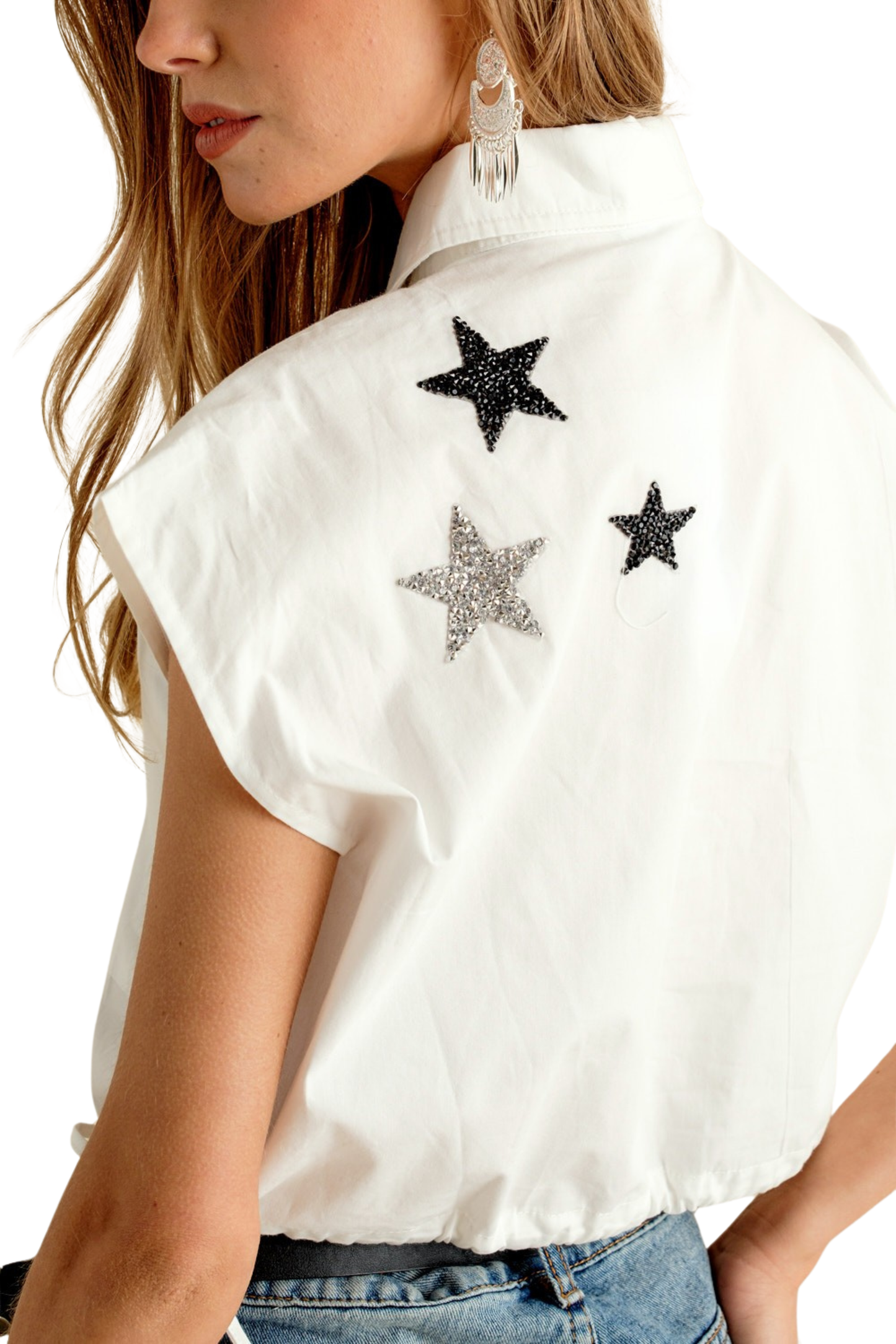 Relaxed Short Sleeve Button Up Top with Star Patches