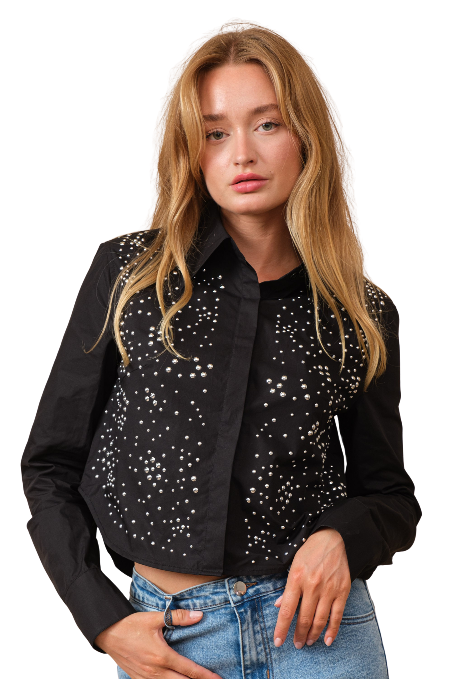 Poplin Studded Button Down Blouse