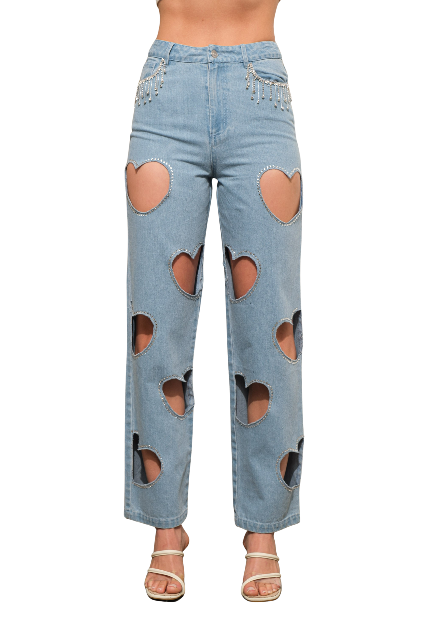 Heart Cut Outs & Studded Denim Jeans