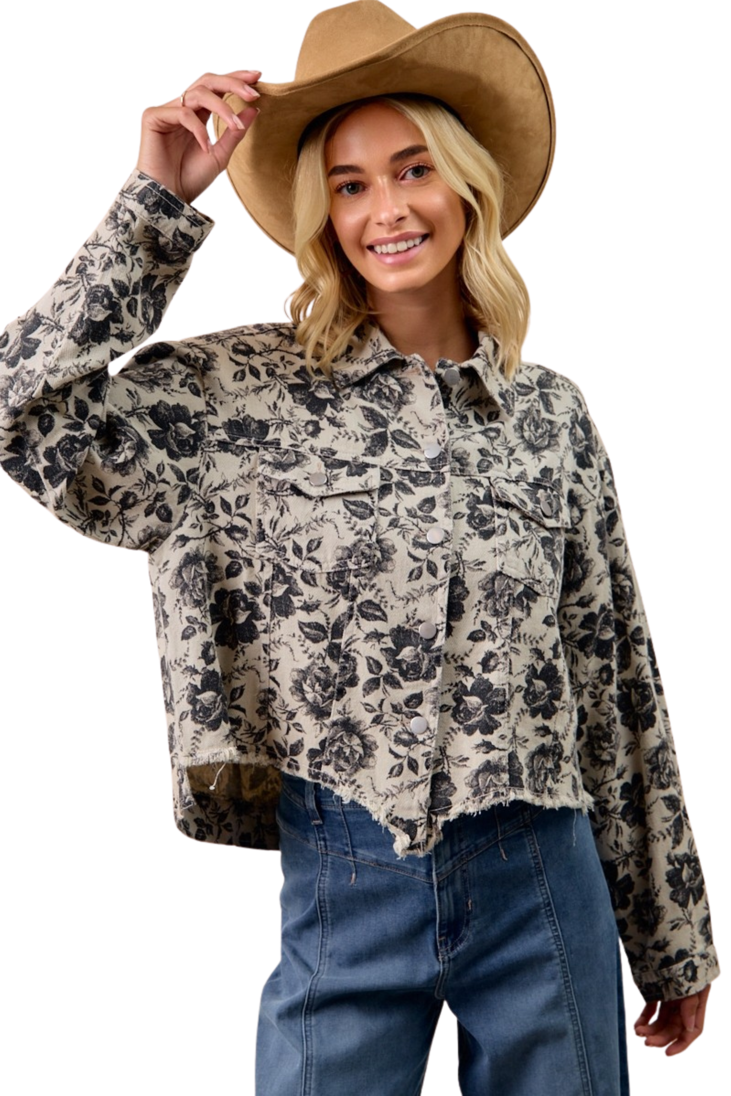 Washed Rose Printed Denim Jacket