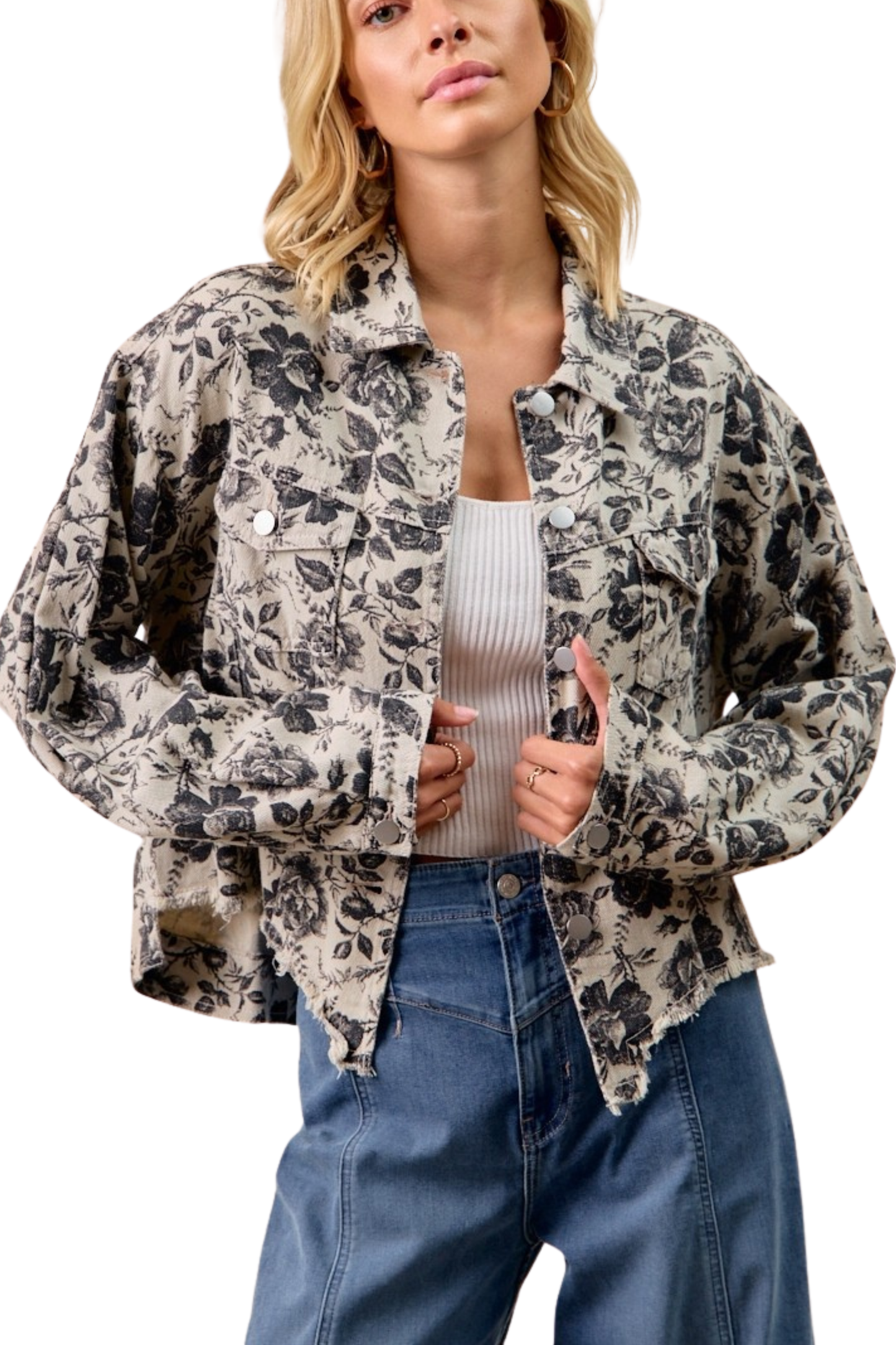 Washed Rose Printed Denim Jacket